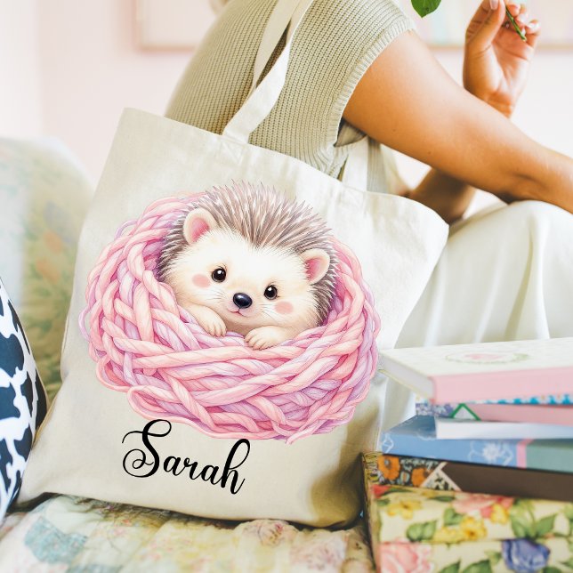 Sac fourre-tout hérisson tricoté (knitted hedgehog in yarn tote bag. )