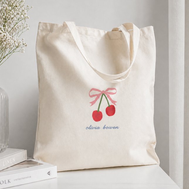 Sac fourre-tout | Illustration mignonne avec nœud  (A cute design tote bag with coquette bow and cherries, perfect for gifting or as an everyday shopper)