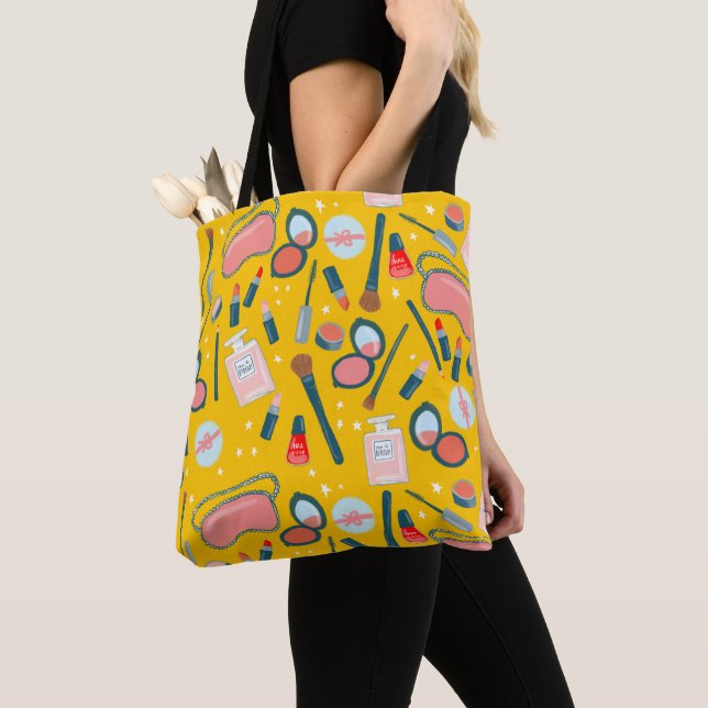 Sac fourre-tout jaune motif de maquillage cosmétiq (De près)