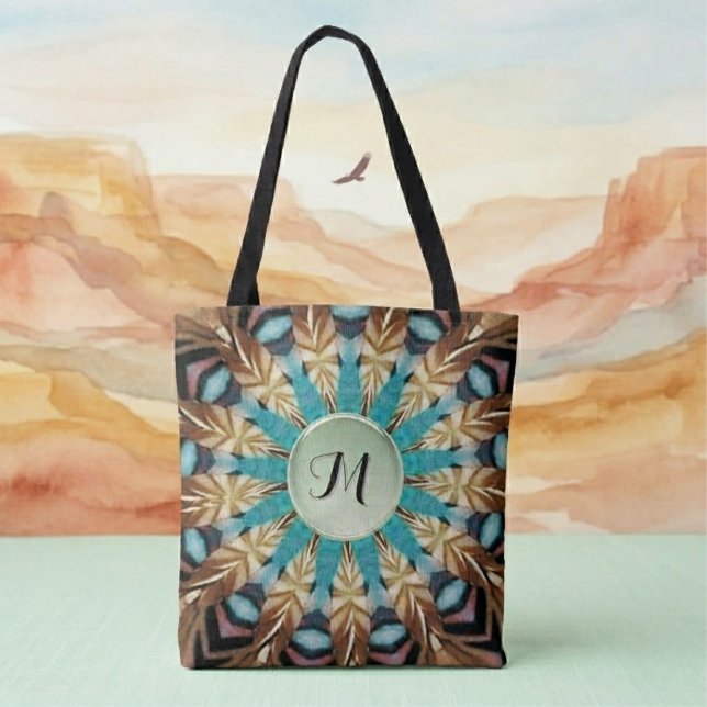 Sac fourre-tout mandala sarcelle à plumes, marron, (Créateur téléchargé)