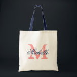 Sac fourre-tout mariage bleu marine et corail avec<br><div class="desc">Sac fourre-tout mariage bleu marine et corail avec monogramme personnalisé. Design vintage. Faites-en un pour les demoiselles d'honneur,  les filles de fleurs,  la bonne d'honneur,  la mère de la mariée,  etc. Texte de script élégant pour nom.</div>