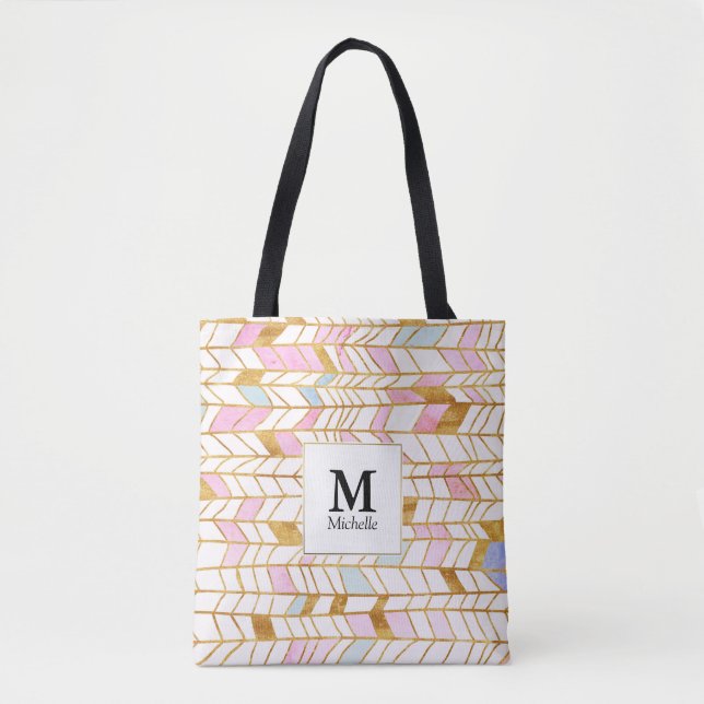 Sac fourre-tout Monogramme Motif rose et or Chevro (Devant)
