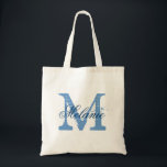 Sac fourre-tout monogramme personnalisé | bleu et<br><div class="desc">Sac fourre-tout monogramme de nom personnalisé | bleu marine et blanc. Design élégant de logo avec des initiales monogrammées. Idée cadeau vintage pour mariée,  filles de fleurs,  bonne d'honneur et demoiselles d'honneur en mariage.</div>