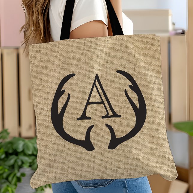 Sac fourre-tout Monogrammé Rustique Burlap Deer An (Créateur téléchargé)