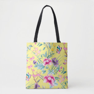 Sac fourre-tout Motif de fleurs et papillons jaune