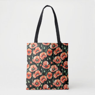Sac fourre-tout noir coquelicot rouge aquarelle