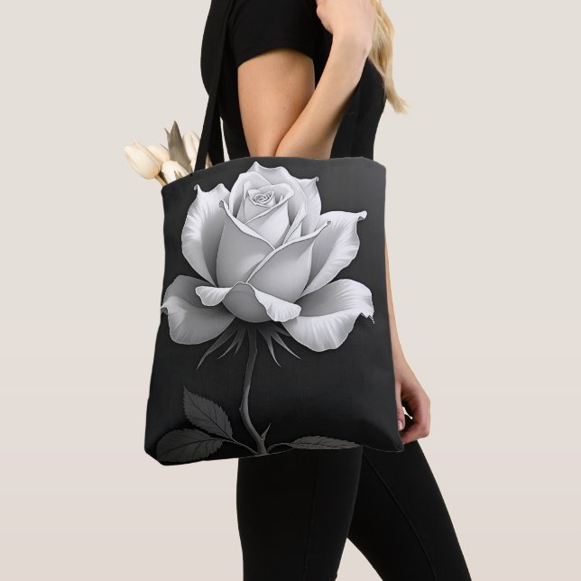Sac fourre-tout noir élégant avec rose blanche (De près)