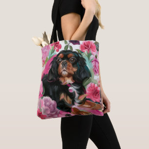 sac fourre-tout noir et tan Cavalier  floral rose
