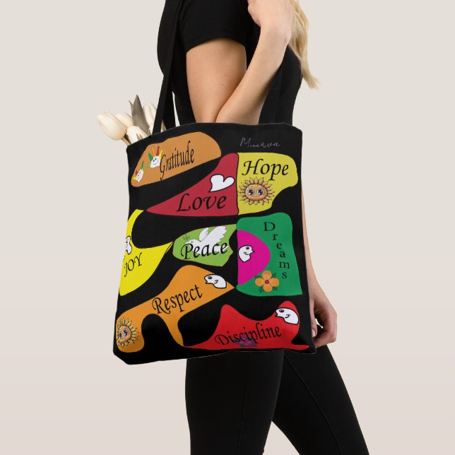 Sac fourre-tout noir inspirant : Paix Joie Discipl (De près)