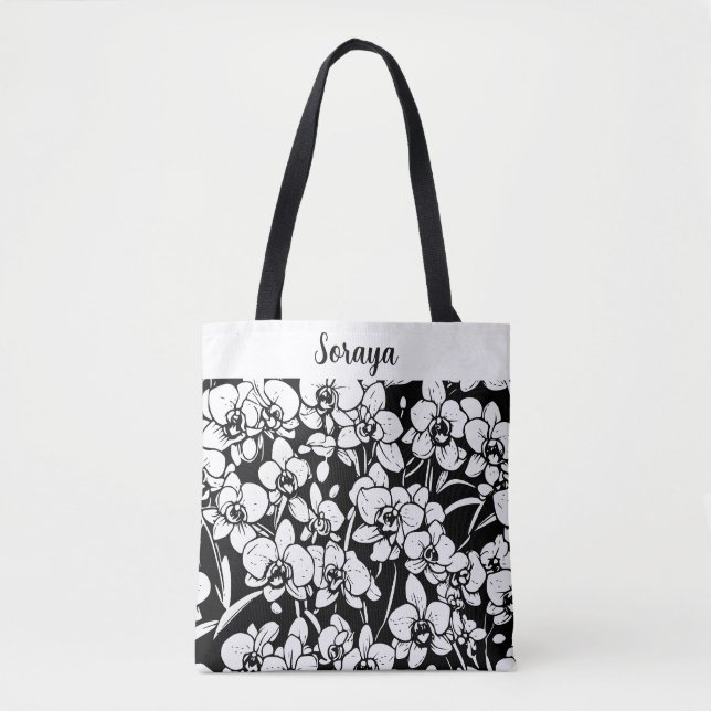 sac fourre-tout orchidées noires et blanches perso (Devant)