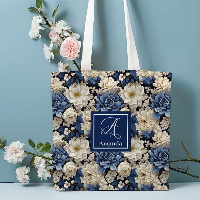 Sac fourre-tout personnalisé avec fleurs blanches  (Premium Blue White Flowers Custom Name Tote Bag)