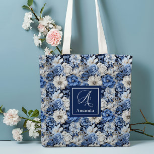 Sac fourre-tout personnalisé avec fleurs bleu mari