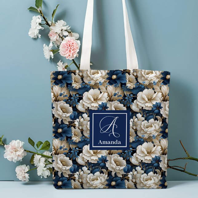 Sac fourre-tout personnalisé avec fleurs bleues ma (Opulent Navy Blue Flowers Custom Name Tote Bag)