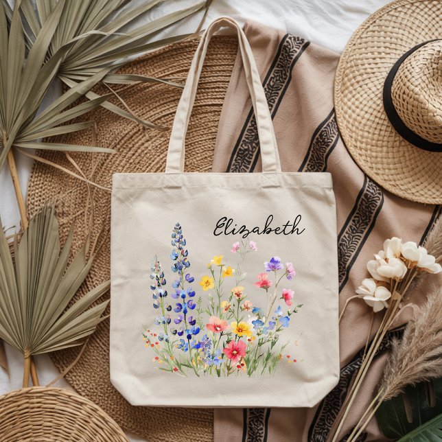 Sac fourre-tout personnalisé avec fleurs sauvages  (Personalized watercolor wildflower tote bag gift for her, Custom floral tote bag for mom or grandma )