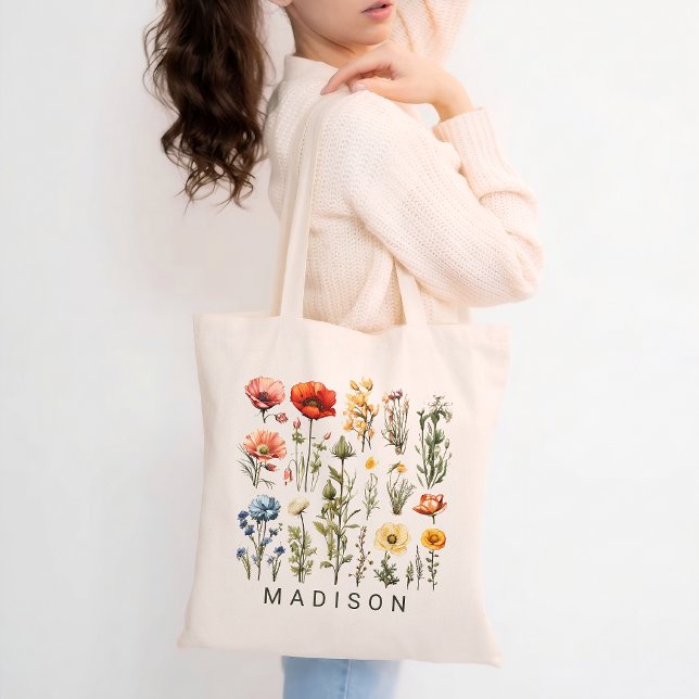 Sac fourre-tout personnalisé avec fleurs sauvages  (Personalized Wildflower Tote Bag Custom Name Floral Aesthetic Gift for Her, Mom or Bridesmaid)