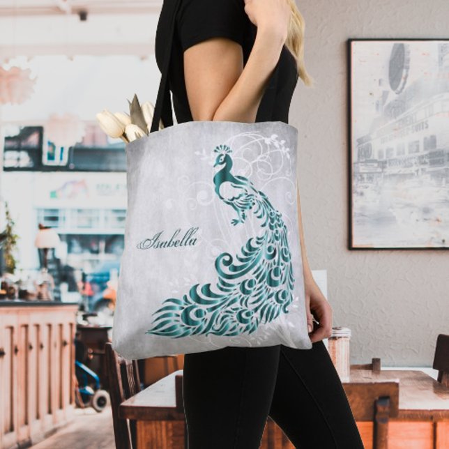Sac fourre-tout personnalisé Peacock turquoise (Teal Peacock Personalized Tote Bag)