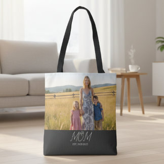 Sac fourre-tout photo noir avec écriture de maman