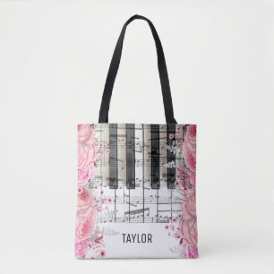 sac fourre-tout piano notes de musique fleurs rose