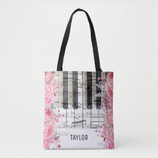 sac fourre-tout piano notes de musique fleurs rose