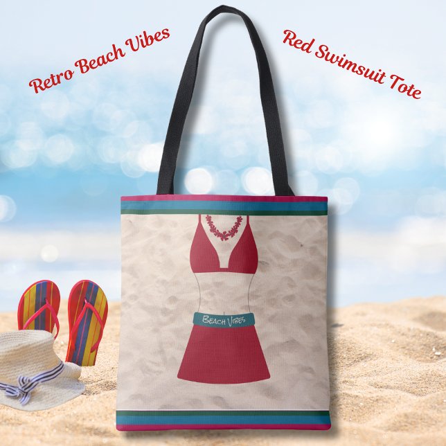 Sac fourre-tout Red Retro Chic Maillot de bain Bea (Red Retro Chic Swimsuit Beach Vibes Tote)