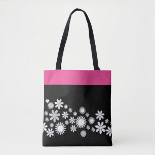 Sac fourre-tout rose et noir avec fleurs blanches
