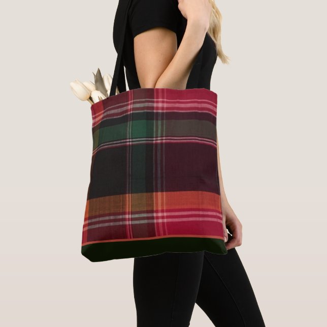 Sac fourre-tout rouge vert Madras Plaid (De près)