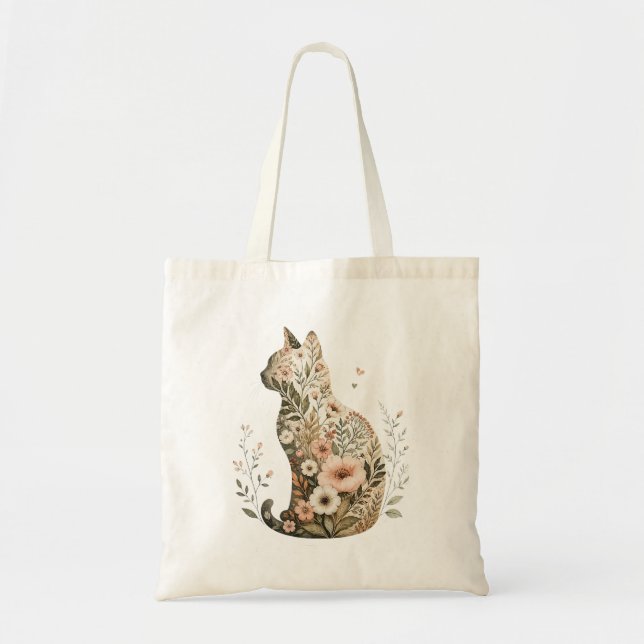 Sac fourre-tout silhouette de chat fleurs sauvages (Devant)