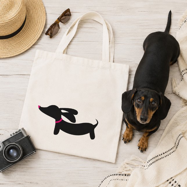 Sac fourre-tout teckel noir + accents roses (Wiener dog tote bag featuring a black doxie with a pink nose and collar)