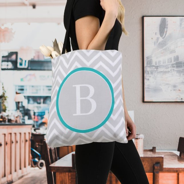 Sac fourre-tout turquoise Chevron Monogram (Teal Chevron Monogram Tote Bag)