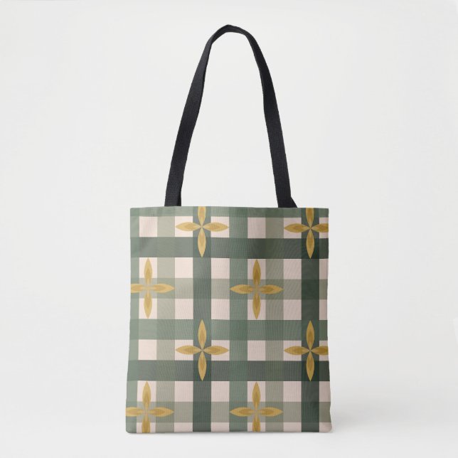 Sac fourre-tout vert à carreaux et feuilles (Devant)