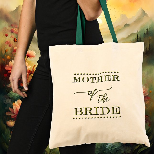 Sac fourre-tout vert avec texte du script de la mè (An elegant Mother of the Bride tote bag featuring stylized green texts with script)