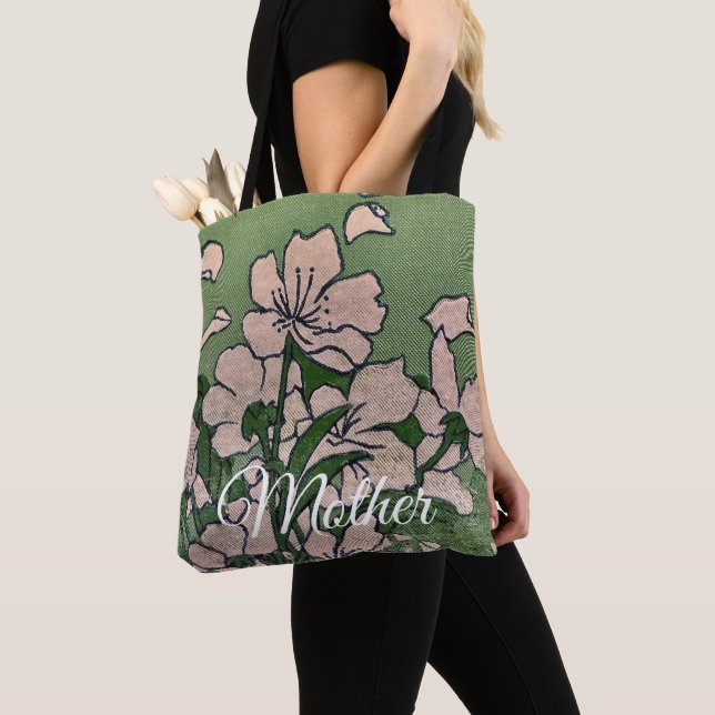 Sac fourre-tout vert Pink Blossom (De près)