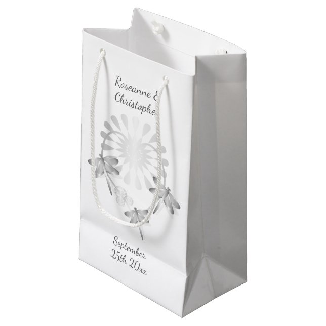 Sac mariage petit cadeau Dragonflies d'argent Coeu (Devant Angle)