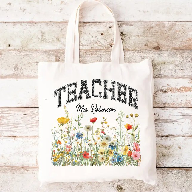 Sac pour Enseignant de Fleurs Sauvages Personnalis (wildflowers tote bag, personalized name tote, teacher tote bag, teacher appreciation gift)