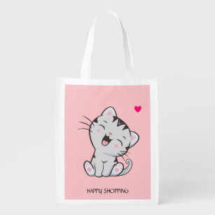 Sac Réutilisable Cute Grey Tabby Kitty Chat sur Rose clair