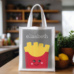 Sac Réutilisable Cute Kawaii Fries françaises avec nom personnalisé<br><div class="desc">Dessin moderne d'une boîte à frites aux couleurs vives.</div>