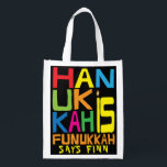 Sac Réutilisable Hanoukka Est Funukkah Sac<br><div class="desc">Hanoukka Est Funukkah, sac blanc à 2 faces. Tous les éléments de conception peuvent être modifiés. Tout texte modifiable peut être supprimé et remplacé par votre propre message. Utilisez la couleur, la taille et le style de police préférés. Joyeux Hanoukka/Chanukah ! Style : Devenez écolo de sac réutilisable et sauver...</div>