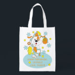 Sac Réutilisable Hanoukka Zeevie célèbre le sac d'épicerie<br><div class="desc">Hanoukka Zeevie Celebrates, sac blanc à 2 faces. Tous les éléments de conception peuvent être modifiés. Tout texte modifiable peut être supprimé et remplacé par votre propre message. Utilisez la couleur, la taille et le style de police préférés. Joyeux Hanoukka/Chanukah ! Style : Devenez écolo de sac réutilisable et sauver...</div>