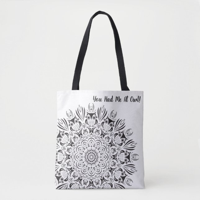 Sac réutilisable mandala de hibou noir et blanc (Devant)