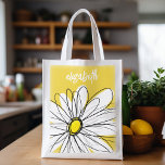 Sac Réutilisable Marguerite lunaire jaune et blanc avec texte perso<br><div class="desc">Un morceau d'art zen et fantaisiste,  hipster. Vous pouvez ajouter un nom,  un monogramme ou un autre texte personnalisé. Si vous avez besoin de déplacer l'art autour,  cliquez sur le bouton personnaliser pour apporter des modifications.</div>