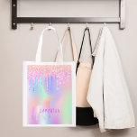 Sac Réutilisable Unicorn parties scintillant rose iridescente rose<br><div class="desc">Un arrière - plan tendance couleur arc-en-ciel, irisé avec des couleurs pastel unicorne et arc-en-ciel en rose, violet, or rose, vert menthe. Décoré avec des gouttes de parties scintillant en or rose, rose et violet. Une licorne de couleur arc-en-ciel. Personnalisez et ajoutez un nom, écrit avec un script de style...</div>