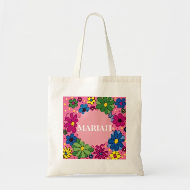 Sac rose vif personnalisé avec des fleurs mignonne (Devant)