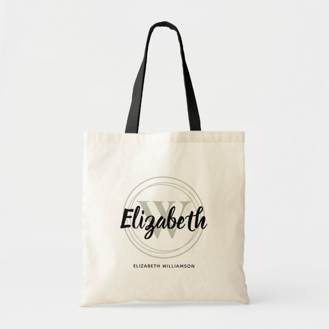 Sac vert sauge chic avec monogramme et nom personn (Devant)