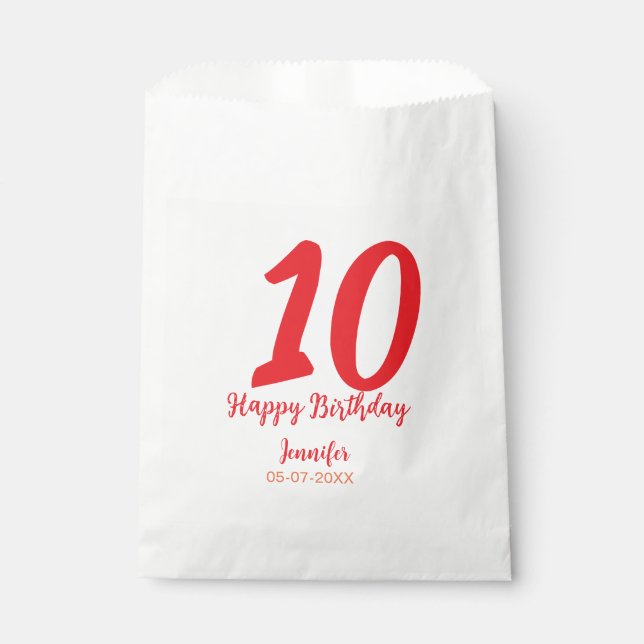 Sachets En Papier 10e anniversaire ajouter nom date année rouge modè (Devant)