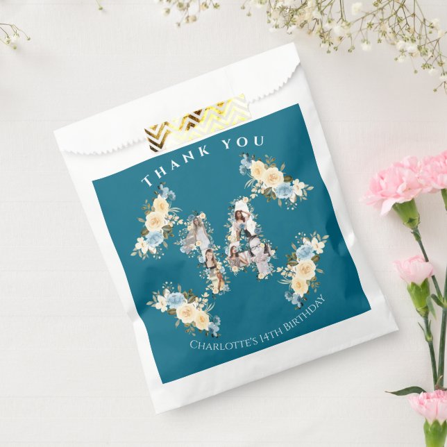 Sachets En Papier 14e anniversaire Fleur Turquoise photo Collage Jau (Scellé)