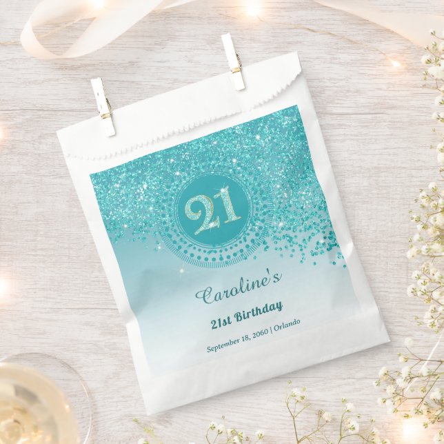 Sachets En Papier 21st Birthday | Sparkling Teal Blue Gold Glitter (Coupé)