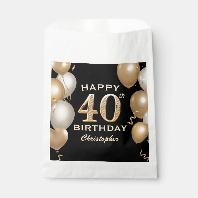Sachets En Papier 40e fête d'anniversaire Ballons noirs et or (Devant)