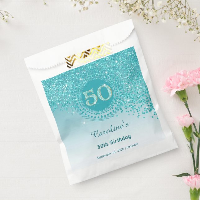 Sachets En Papier 50e Anniversaire | Paillettes Bleu Sarcelle Or (Scellé)