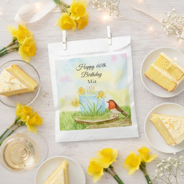 Sachets En Papier 60e Anniversaire Robin avec Gâteau au Narcisse (Créateur téléchargé)