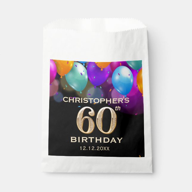 Sachets En Papier 60e fête d'anniversaire Ballons noirs et or (Devant)